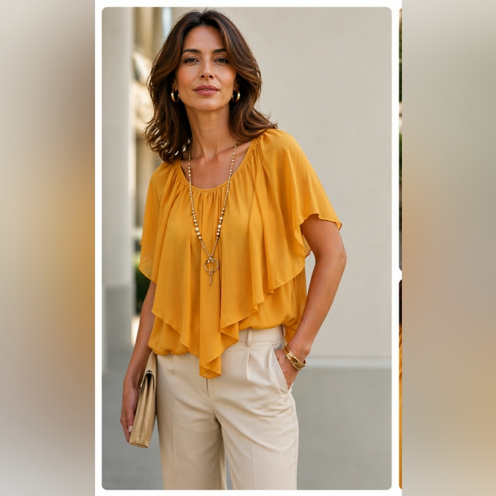 🆕️ Shein NWT XXL Mustard Yellow Layered Chiffon Blouse Flowy Draped  Top